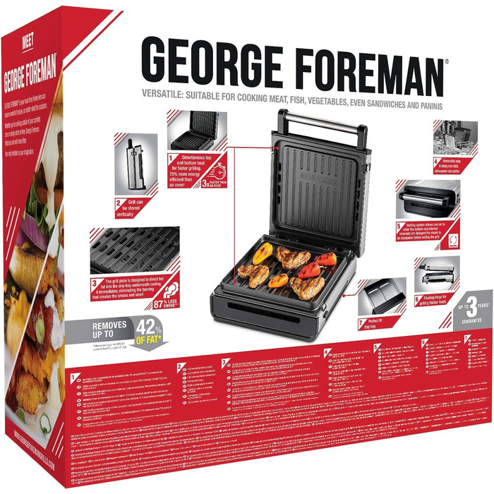 George Foreman Smokeless Grill - Indoor BBQ with Adjustable Temperature & Dishwasher-Safe Grill Plate