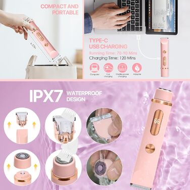 Триммер для бікіні RoserRose 2-в-1: електробритва та триммер для жінок, водонепроникний (IPX7), LCD-дисплей, Type-C зарядка, набір для догляду за шкірою бікіні