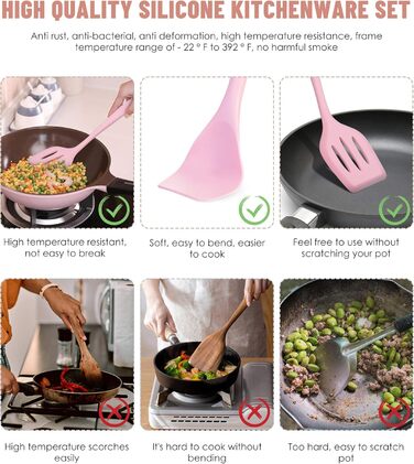 Набір кухонних аксесуарів з силікону, 12 шт., BPA-free, для антипригарного посуду, зелений (рожевий)