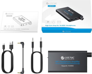 eSynic Підсилювач для навушників HiFi – портативний, з акумулятором 1000mAh, для MP3/MP4/Smartphone/PC, 16-600 Ом, 3.5mm AUX, алюмінієвий корпус