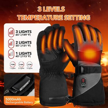 Гріючі рукавички для чоловіків та жінок з акумулятором 5V 5000mAh, 3 режими нагріву, для мотоциклів, велосипедів, лижного спорту (M)
