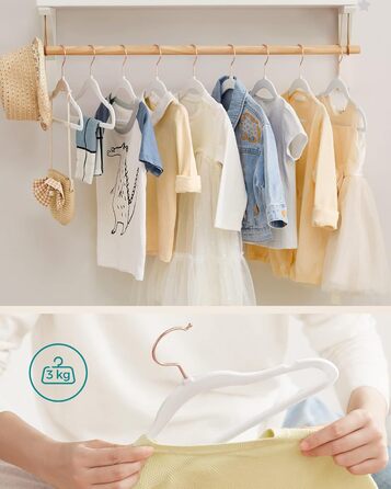 SONGMICS Набір вішалок для дитячого одягу, 50 шт., для дітей, неслизькі, обертаються на 360°, рожеве золото, для шафи, білий, CRF027W01