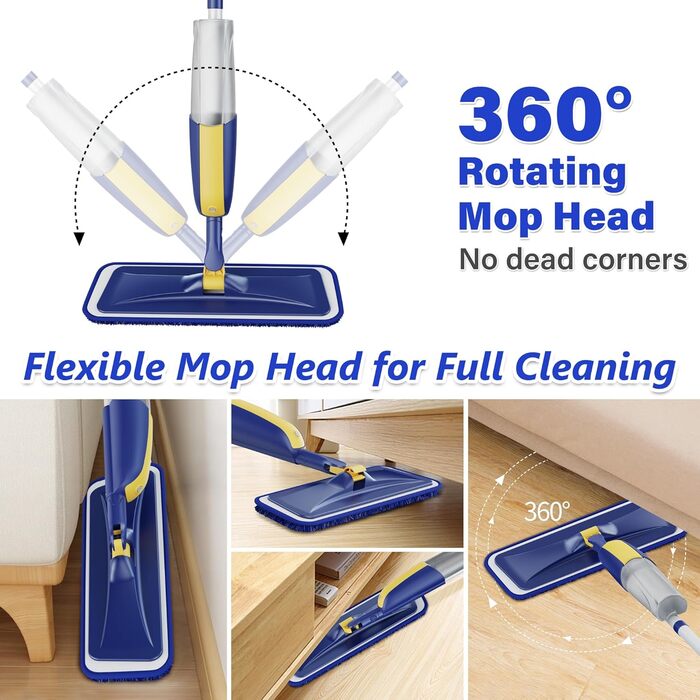 Швабра з розпилювачем MANGOTIME - швабра з розпилювачем, моп для підлоги з баком для води та 3 насадки для швидкого прибирання паркету, мармуру, дерева, ламінату (жовта)