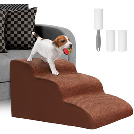 Dog stairs for small dogs, 3 steps pet stairs, cat stairs, sponge dog ramp for sofa bed, dog steps with removable cover, washable pet ladder, includes lint roller (Brown)