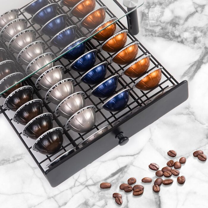 Висувна шухляда для капсул Nespresso Vertuo: органайзер на 40 капсул VertuoLine (1,35/2,7 л) - з безпечного скла, сумісна з Vertuo Next & Plus, розмір 37,5 x 33 x 8,9 см