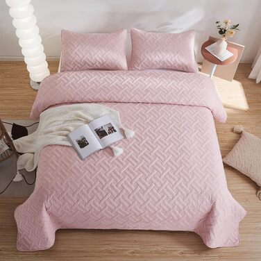 Beeweed Bedspread Throw 220x240cm Pink, Bedspreads made of Microfiber, Quilted Throw Bedspread Cover Lightweight, Stepped Quilt sewn by Ultrasound with 2 Pillowcases, Basket Pattern Pink 220 x 240 cm