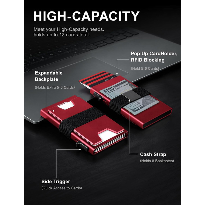 Кредитне картхолдер для чоловіків LXMY з RFID захистом, алюмінієвий, Slim, вміщує 12 карт та гроші, червоний