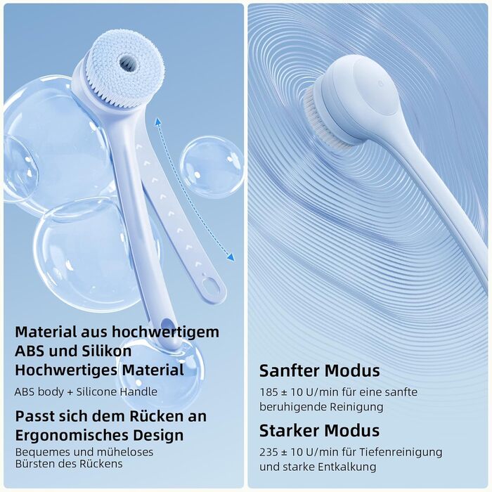 Електрична щітка для спини, м'яка ексфоліація, перезаряджається, довга ручка для душу, допомога у нанесенні крему на спину для жінок, чоловіків, людей похилого віку, глибоке очищення для всіх типів шкіри, хороша піна - Рожева (Небесно-блакитна)