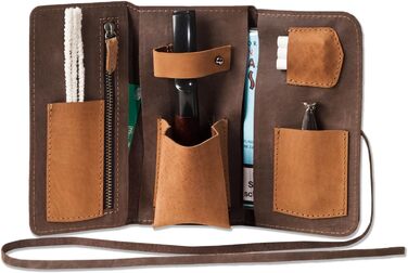Woodland Tobacco Pipe and Accessories Case made from soft, natural unfinished buffalo leather in a taupe/dark brown-cognac combination