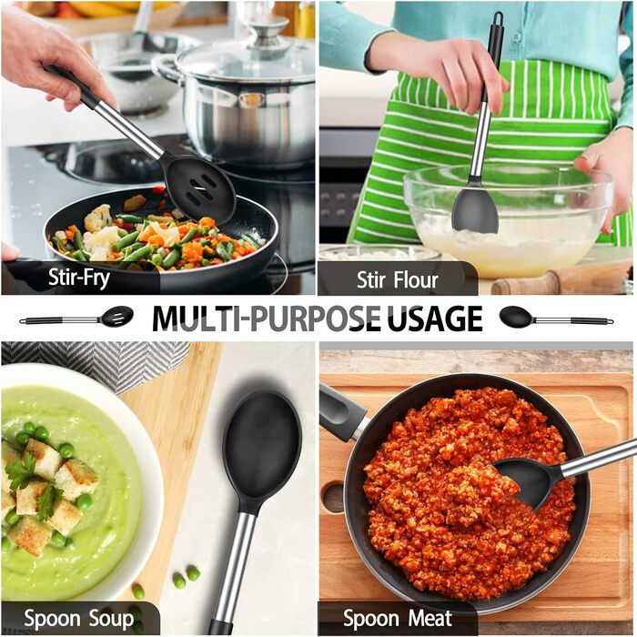 Silicone Spatula and Spoon Set, 4-Piece Silicone Kitchen Utensils Cooking Utensil Set with Stainless Steel Handle, Non-Stick Heat-Resistant Black Cooking Utensil Set, Healthy, Dishwasher Safe