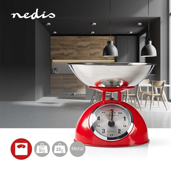 Кухонні ваги Nedis KASC110RD - аналогові, 5 кг, нержавіюча сталь, червоний колір