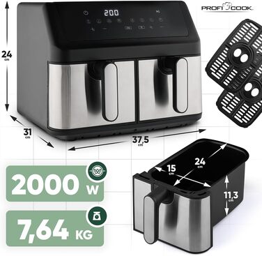 Фритюрниця ProfiCook з 2 камерами | Airfryer | 9 літрів | Фритюрниця з функцією одночасної готовності | Без олії | Антипригарне покриття | PC FR 1296 H з нержавіючої сталі