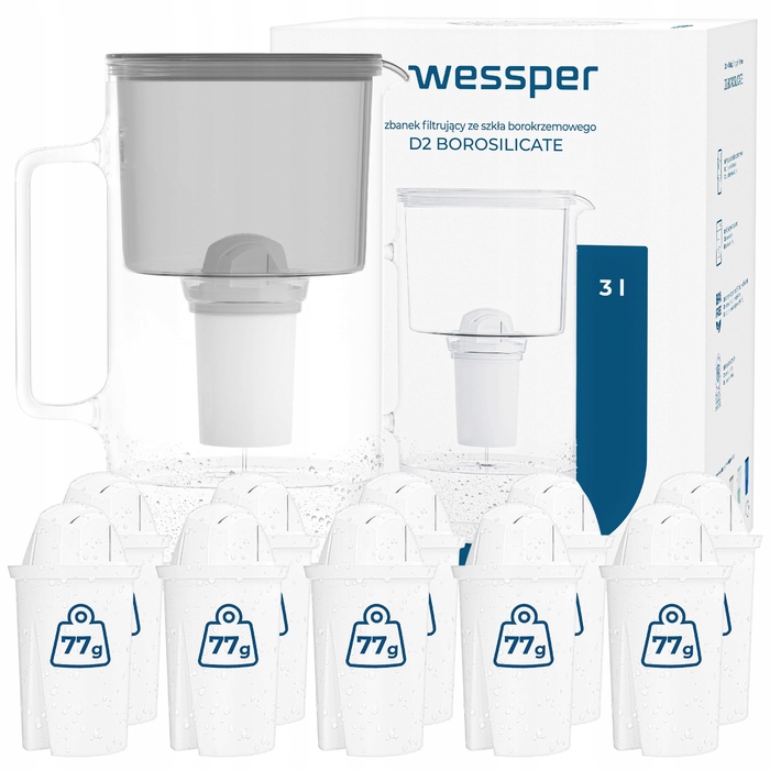 Скляний фільтр-кувшин Wessper D2 BOROSILICATE 3л, сірий + 11 фільтрів
