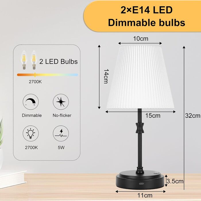 Настільна лампа на акумуляторі, бездротова LED лампа з USB-C 6000 mAh, 3 режими димування, для спальні, ліжка, їдальні, бару, чорного кольору