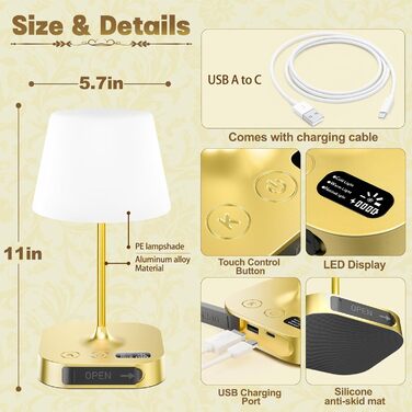 LED лампа на акумуляторі Anordsem: бездротова торшерна лампа з торшером USB A+C, торшер для дитячої/дитячої кімнати, лампа для читання, подарунок