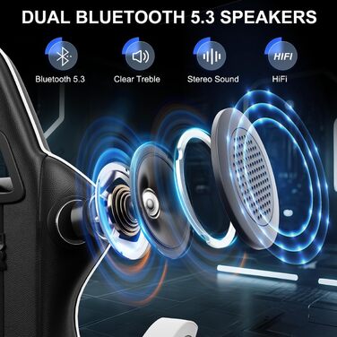 Геймерське крісло Bigzzia Ergonomisch з підтримкою попереку та голови, Bluetooth, чорно-біле, регульована висота, для підлітків та дорослих