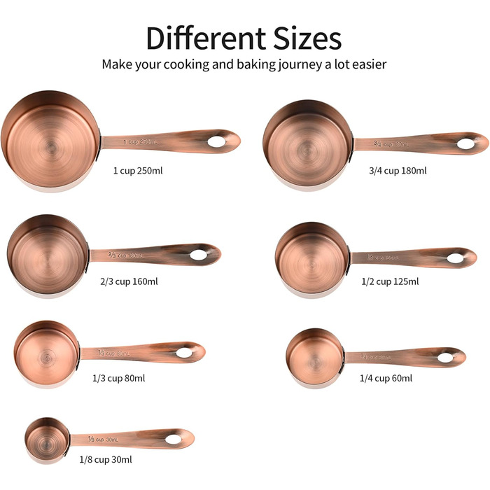 Kalsrei Measuring Cup Set, Copper Measuring Cup Set, 7 metric & US measuring cups made of stainless steel for kitchen & baking, metal measuring cup set with 2/3 & 3/4 measuring cups