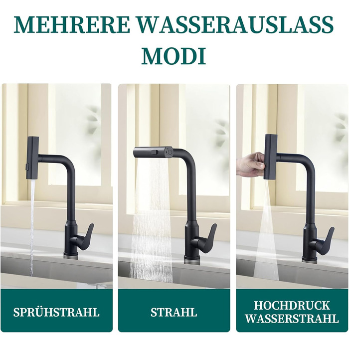 Кухонний змішувач водопровідний висувний з душем, 3 режими, 360° поворот, чорний, нержавіюча сталь