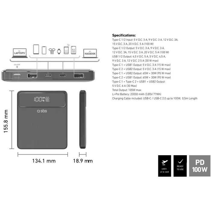 PowerBank SBS 20000 mAh 100W з LCD-дисплеєм: заряд для ноутбука, телефону, планшета, MacBook, iPad