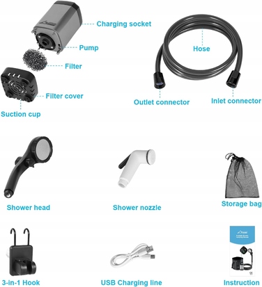 Кемпінговий душ WADEO 6000 мАг: мобільний outdoor-душ з LCD-дисплеєм та відром на 20 л