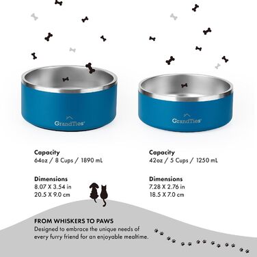 Нержавійна чаша для собак та котів GrandTies з гравіюванням, ізольована, велика (1890 мл, 1250 мл), кобальтово-синій