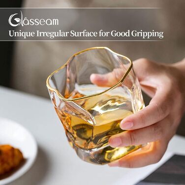 Набір склянок для віскі з нерівними гранями, 2 шт. Об'єм 250 мл. Стильні келихи для скотчу, бурбону, рому. Ідеальний подарунок для тата, чоловіка, друзів. Золотий край, прозорі.
