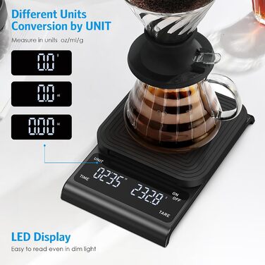 Ваги для кави Brifit з таймером, ваги для еспресо 3 кг/0.1 г, високоточні ваги, USB-зарядка, ваги для кухні, LED-дисплей, функція тарування, автоматичне вимкнення, чорний