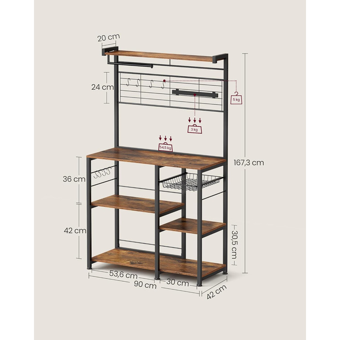 Стелаж кухонний VASAGLE KKS026B01, вінтажний, з магнітною смугою для ножів, кошиком та тримачем для рушників