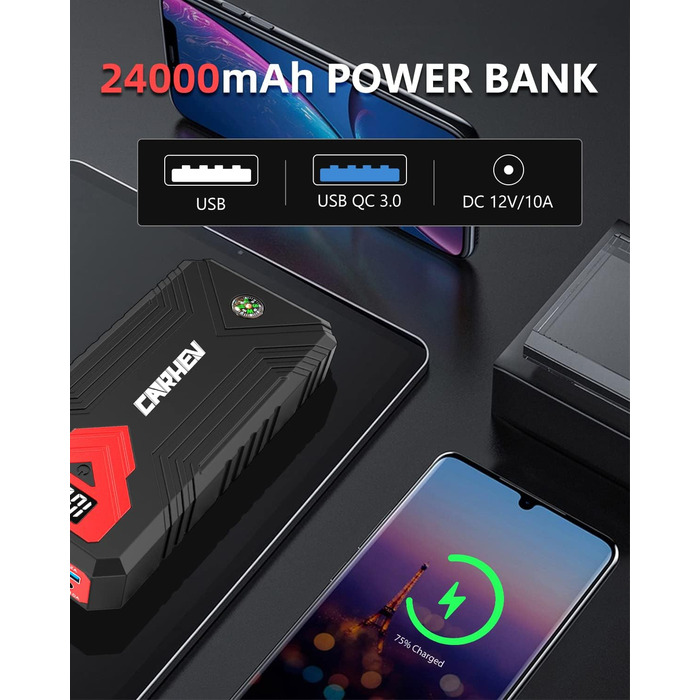 Портативний пусковий пристрій Starthilfe Powerbank для автомобіля: 3000A, LED ліхтарик, 12V, для бензинових та дизельних двигунів (до 10L)