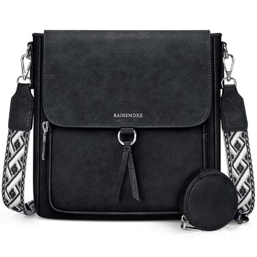 Сумка жіноча RAINSMORE через плече середнього розміру, шкіряна PU, чорна. Кросбоді сумка з широким ременем