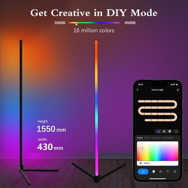 LED кутова лампа Fortand з Wi-Fi, RGB, диммування, сумісна з Alexa/Google Home, з пультом, 155 см, трикутна база
