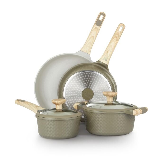 Набір посуду KASANOVA Bambù з антипригарним покриттям, 6 предметів (зелений/кремовий), для індукційних плит, з кришками зі скла