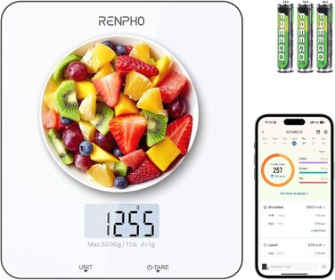 Кухонні ваги RENPHO: цифрова вага з LCD-дисплеєм, функція тарування, для випічки та приготування їжі, точність 1г, максимальна вага 5кг, білий колір