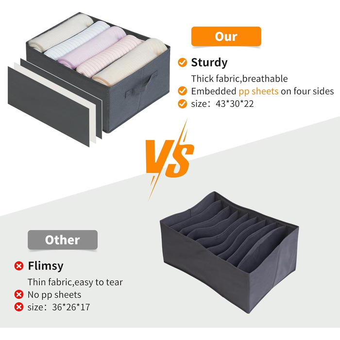 BIGLUFU 6-Piece Closet Organizer Fabric Folding Storage Box Set with 7 Compartments Drawer Organization System Storage for Clothes, T-shirts, Pants, Underwear, Jeans (5 compartments)