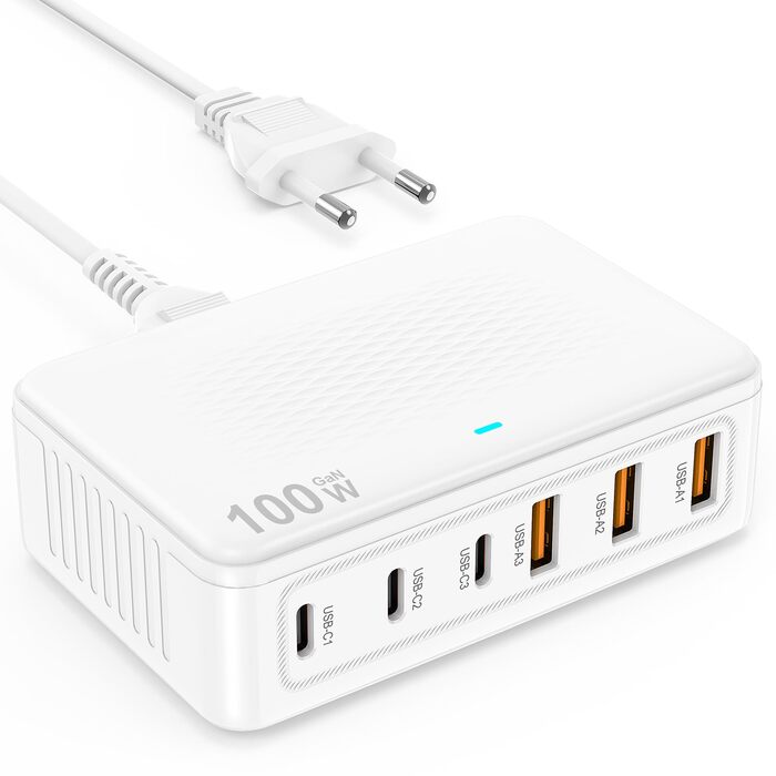 Зарядний пристрій USB-C 100W 6 портів: Швидка зарядка для iPhone 17/16/15/14/13 Pro Max, iPad Pro, Samsung Galaxy S25/S24. Адаптер живлення USB-A