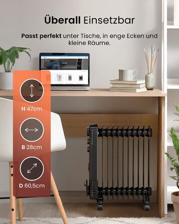 Pro Breeze 2500W Mini Oil Radiator with 11 Fins, Electric Heater, 24h Timer, Energy-Saving Oil Radiator, 3 Heating Levels, Adjustable Thermostat & Safety Shut-off Function - Black