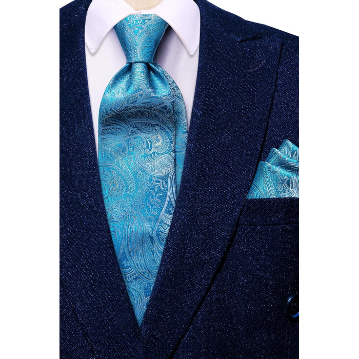 Набір краваток, нагрудних хустинок та запонок Hi-Tie: шовкова краватка для весілля та ділових зустрічей (Pfauenblau A)