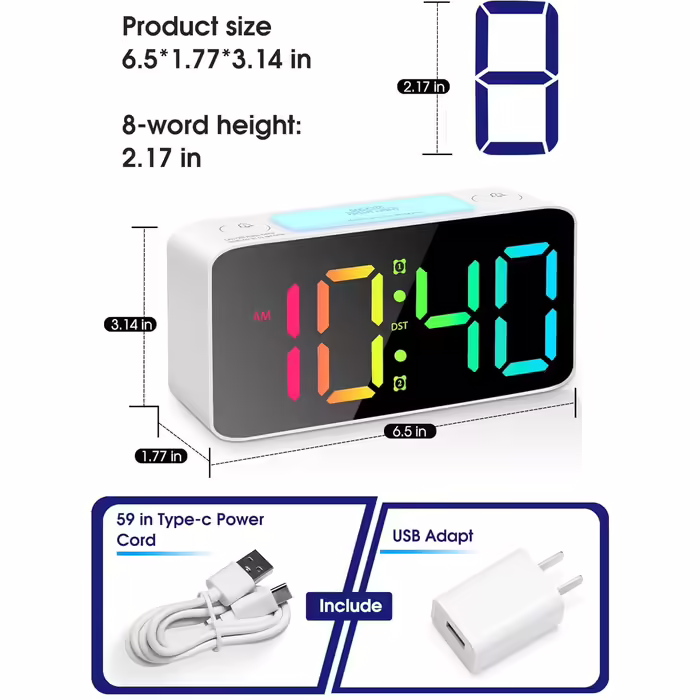 Loud Alarm Clock for Adults, Digital Clock with 7 Color Night Light, Adjustable Volume, Dimmer, USB Charger, Small Clocks for Bedrooms, Okay for Waking Up Kids, Teens (white)
