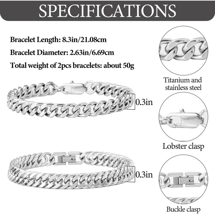Чоловічі браслети XIANNVXI: набір з двох браслетів з нержавіючої сталі (срібло, золото, чорний). Браслети-панцер для чоловіків, 8 мм, довжина 19/21/23 см. Чудовий подарунок для чоловіків.
