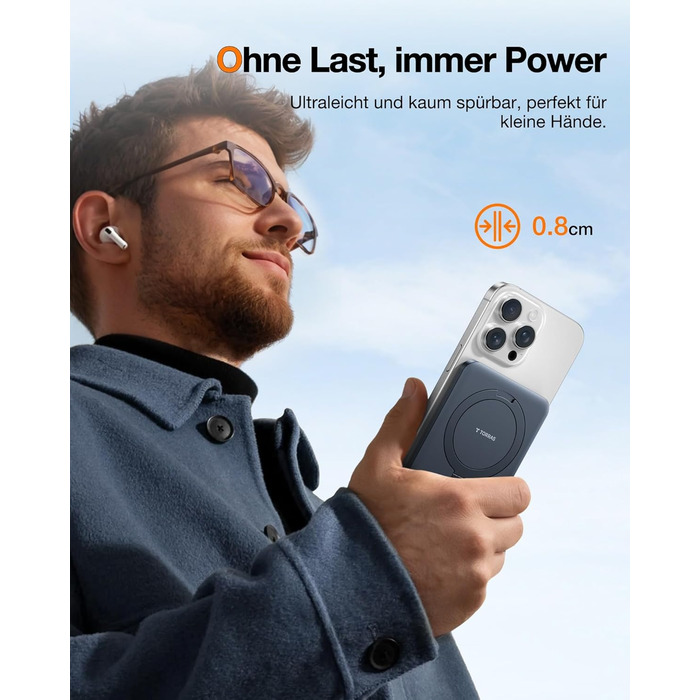 Портативний зарядний акумулятор TORRAS 5000mAh з MagSafe, USB-C, 22.5W PD, для iPhone 17 Pro Max та інших моделей, чорний