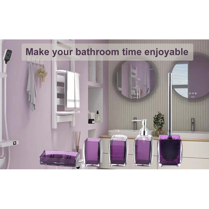 Bathroom Accessories, 5-Piece Set, Resin/Acrylic, Complete Set, Lotion/Soap Dispenser, Soap Dish, Toothbrush Holder, Cup, Toilet Brush and Holder, Modern Bathroom Decor and Gift Set, (Purple)