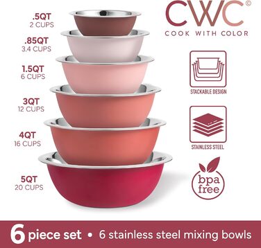 Набір мисок для змішування Cook With Color (6 шт.), нержавіюча сталь, рожевий