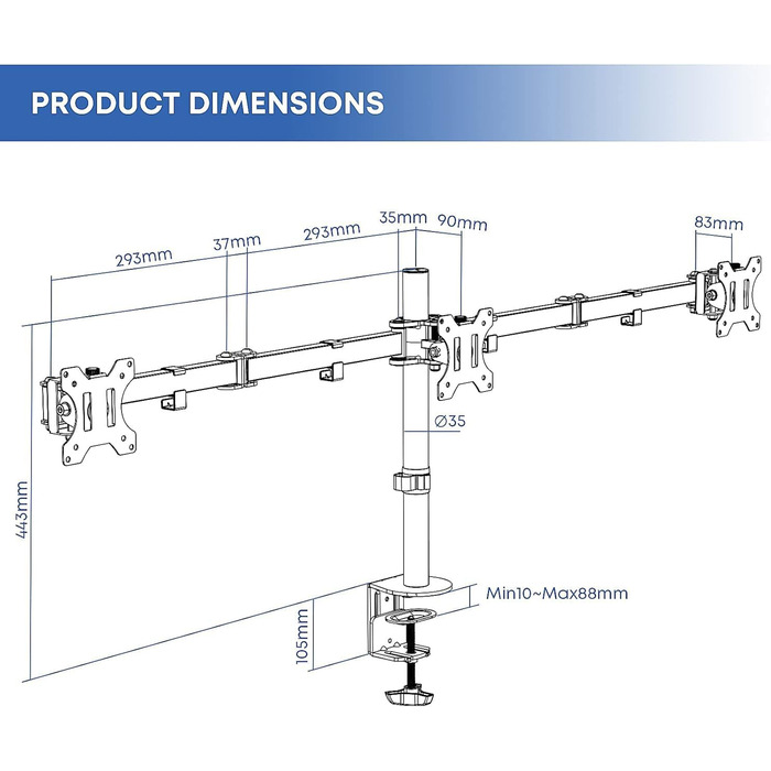 Підставка для монітора PUTORSEN на 3 монітори - сумісна з LCD/LED телевізорами 13'-27' (33-68см), вантажопідйомність 7 кг на монітор, регулювання на 180°, поворот 360°, регулювання висоти, білий колір