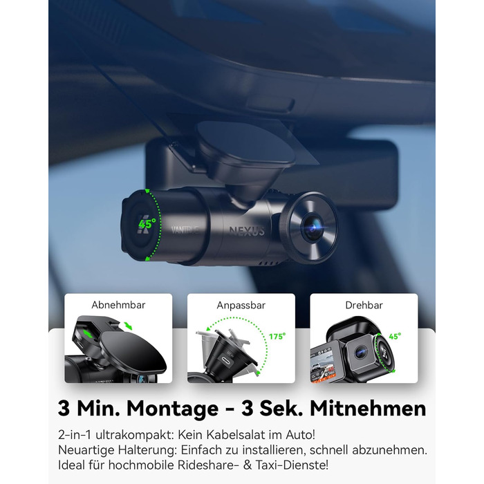 Автомобільний відеореєстратор VANTRUE N2X 2.7K+1080P, подвійна камера, HDR нічне бачення, GPS, Wi-Fi 5ГГц, додаток, голосове керування, 2'' екран, 24/7 паркувальний режим, G-сенсор, до 1ТБ