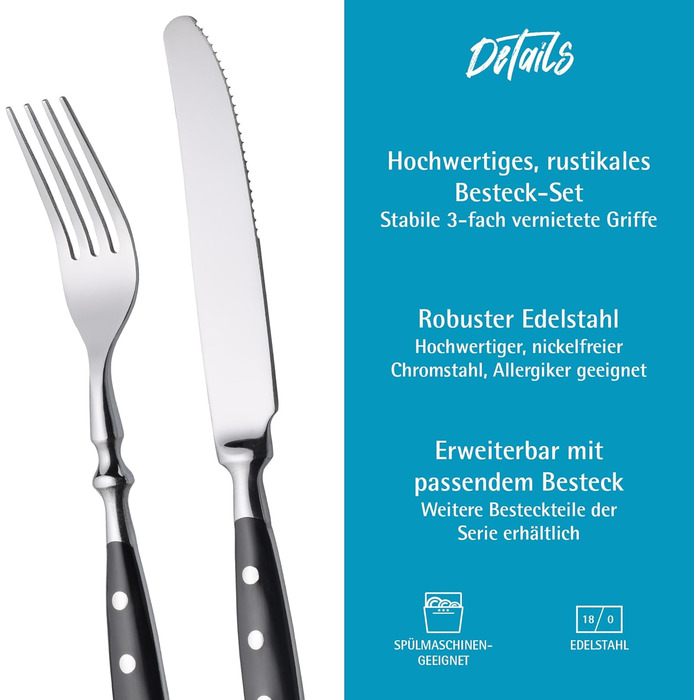 GRÄWE Stainless Steel Cutlery Set for 6 People, Heavy, Rustic, 30-Piece Table Cutlery Set, Forged Cutlery with Black Handles - Nuremberg Series 30-Piece | 6 People