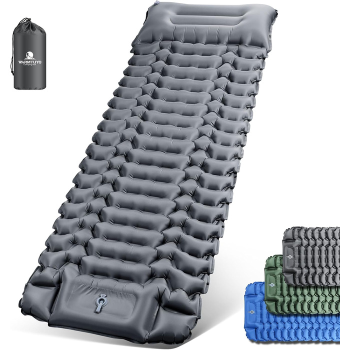 Isomatte Camping Self-Inflating Sleeping Pad - 12cm Thick, Compact, Waterproof Air Mattress with Foot Pump & Pillow - Ripstop Anti-Tear Sleeping Mat for Hiking & Beach (Gray)