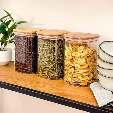 Набір скляних контейнерів для зберігання продуктів з дерев'яною кришкою, 12 шт (750мл/430мл), герметичні квадратні банки для кухні, круп, мюслі та спецій