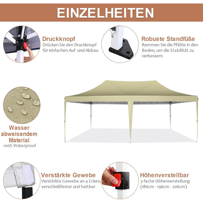 COBIZI Pavilion 3x3 Waterproof, Stable, Winter-Proof Party Tent, Folding Pavilion 3.0, 100% Waterproof and UV 50+ Portable High-End Portability Garden Pavilion, (Khaki, 3x6 with 6 Side Walls)