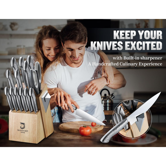 Dragon Riot 14-Piece Self-Sharpening Knife Set with Block - Professional Japanese Stainless Steel Kitchen Knives, Ergonomic Grip, 30cm