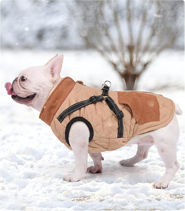 Dog coats with harness, winter warm jacket windproof pet clothing with pocket design snowsuit dog coats for small to medium dogs (M, Khaki)